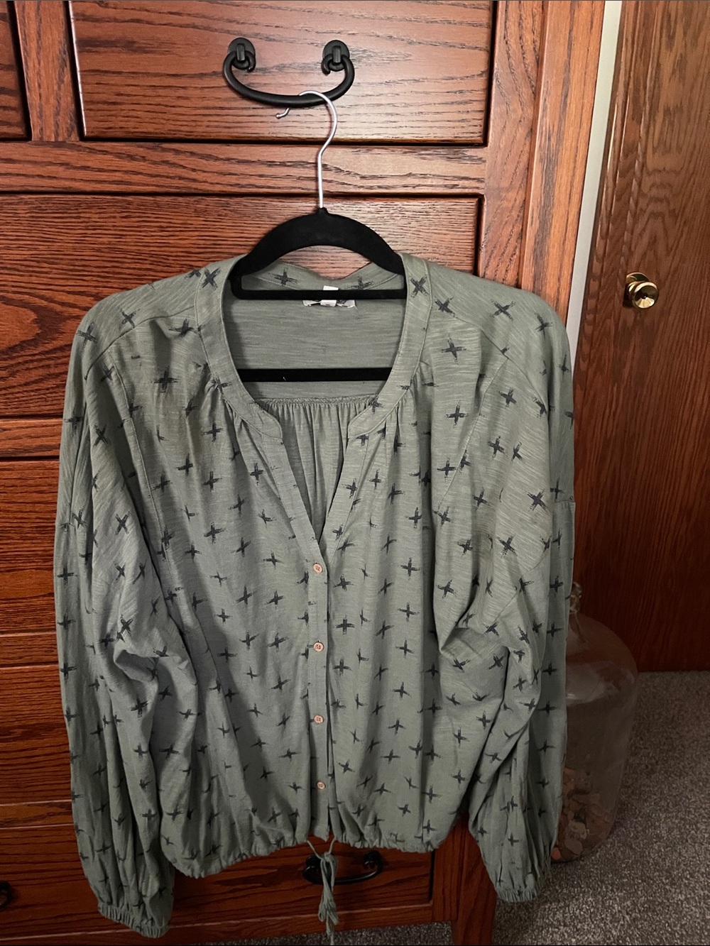 Wonderly Olive Green Button-Front Top with Black Cross Print